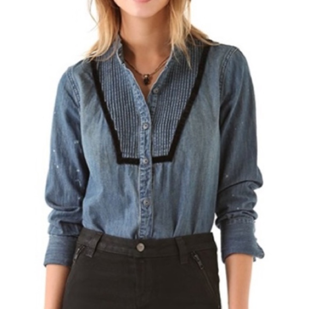 Free People Button up bleached jean top Sz S